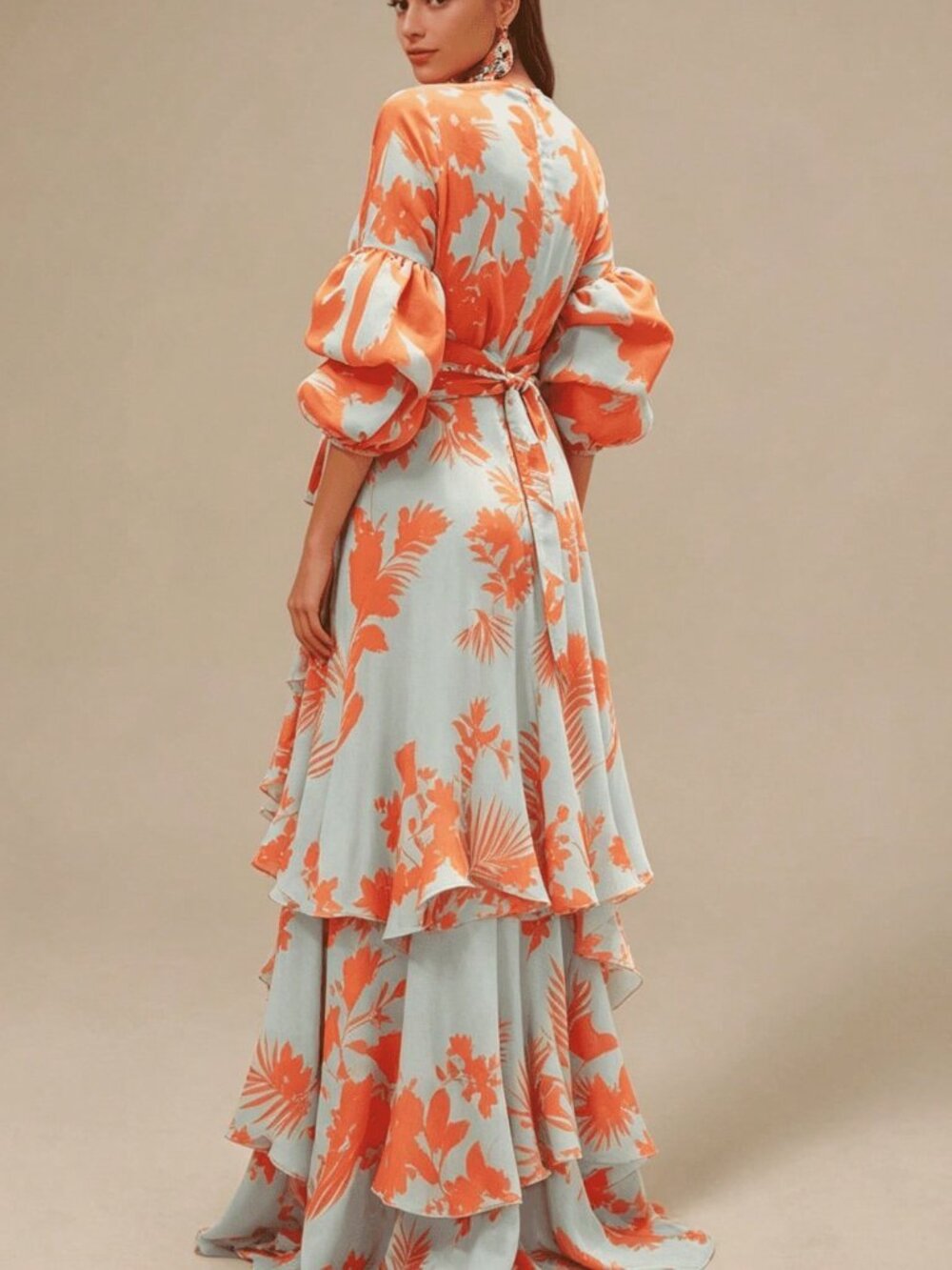 Red Elegant Women's A-Line V Neck & Kimono Sleeves Tropical Print Maxi Dress - Picture 3 of 4